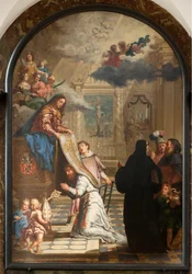 Parochiekerk Onze-Lieve-Vrouw. Interieur. Onze-Lieve-Vrouw geeft een kazuifel aan Sint-Ildefonsus.