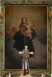 Sint-Machutuskerk Wannegem. Interieur. Het hoogaltaar. Gesigneerd Van Lanselaere 1844.