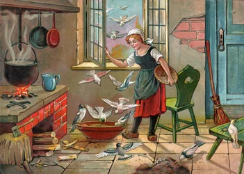 Boerenmeisje met duiven. (Illustratie rond 1920)