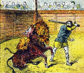 Pepijn de Korte daalt af in de arena om de leeuw neer te schieten die net op de nek van de stier was gesprongen (uit Histoire de France)