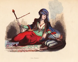 Perzische Dame - Perzische adellijke vrouw met juweelgetooide tulband, bontgevoerde jas, tuniek en pofbroek, rokend aan een waterpijp, liggend op kussens en tapijt - Handgekleurde houtsnede door Pannemaker en Mercier naar een illustratie van H. Hendrickx u