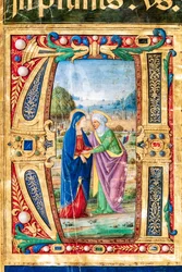 Piccolomini Bibliotheek: koorboek, cod. 14.P., ff. 2r met "de Visitatie van Maria en St. Elizabeth, door Giovanni di Giuliano Boccardi, bekend als Boccardino de Oudere. (detail)