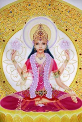 Afbeelding van Lakshmi, godin van rijkdom en gemalin van Heer Vishnu, zittend met lotusbloemen