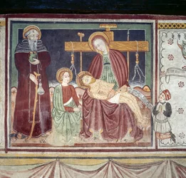 Pieta met St. Antonius Abt, fresco, Homo Salvadego museum, Sacco, Cosio Valtellino, Lombardije, Italië