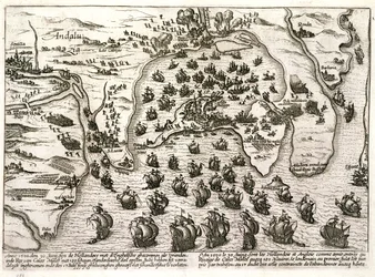 Plan van de haven van Cadiz in 1596 ten tijde van de aanval door Sir Walter Raleigh