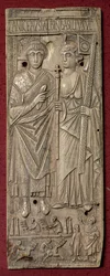 Plaquette die Basiliscus, keizer van het Oosten (gestorven 478) afbeeldt met een wagenrace eronder, Romeins, 480 na Christus