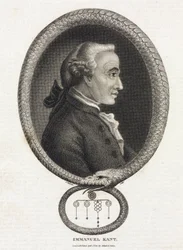 Portret van de filosoof Immanuel Kant (1724-1804), in een lijst gevormd door een slang die in haar eigen staart bijt