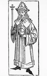 Portret van Karel IV van Luxemburg, Duitse koning en koning van Bohemen (als Karel) van 1346 tot 1378, en Heilige Roomse keizer van 1355 tot 1378, houtsnede
