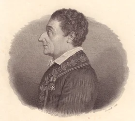 Portret van Italiaanse wiskundige en astronoom Joseph-Louis Lagrange, of Giuseppe Lodovico Lagrangia (1736-1813), kopergravure door Locatelli van medaille