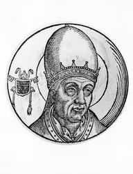 Portret van Johannes III, 61e paus van de Katholieke Kerk vanaf 561, gravure