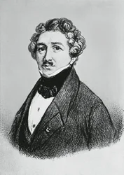 Portret van Louis-Jacques-Mandé Daguerre, Franse kunstenaar, natuurkundige en chemicus, erkend voor zijn uitvinding van het daguerreotypieproces van fotografie