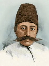Portret van Mozaffar ad-din (ad Din) (Mozaffer ed dine, Mozaffer-ed-dine, Mozzafar-al-Din, Mozzafar al-Din, Mozaffaredin) (1853-1907), Shah van Iran tussen 1896 en 1907. Kleurgravure 19e eeuw.