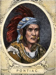 Portret van Pontiac (of Obwandiyag, ca. 1714-1769), opperhoofd van de indianenstam van de Outaouais-indianen van Detroit (Ottawa-natie). Kleurengravure uit de 19e eeuw.