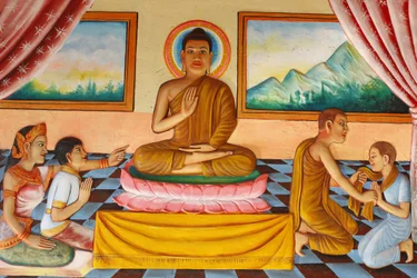 Preah Prom Rath Klooster. Leven van de Boeddha. Boeddha en zijn zoon Rahula, Siem Reap, Cambodja