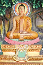 Preah Prom Rath-klooster, Leven van de Boeddha, Meditatie op een lotus, De Boeddha in aarde-aanrakende positie, Siem Reap, Cambodja
