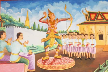 Preah Prom Rath-klooster, Leven van de Boeddha, Prins Siddhartha Gautama werd een kampioen in zwaardvechten, worstelen en boogschieten, Siem Reap, Cambodja