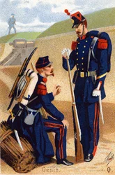 Q: Genie. Gravure in "Alphabet militaire". Initialen van de illustrator: A. D. Onbekende uitgever. Chromolithografieën eind 19e eeuw.