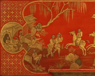 Queen Anne gelakte bureaukast, detail van bureaublad met figuren in goud en zwart op scharlaken