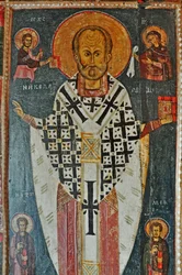 RUSLAND, St. Petersburg, St. Nicolaas-icoon met scènes uit zijn leven (Kerk van St. Nicolaas in Ozerevo)
