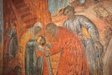 RUSLAND, Oeglitsj, Russisch-orthodoxe kerk van St. Dimitrius op het Bloed (1630), fresco die de dood van Demetrius (zoon van Ivan de Verschrikkelijke) afbeeldt