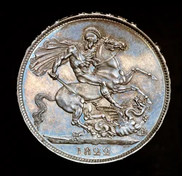 Zeldzame Britse munt, Koning George IV, proef zilveren kroon, patroonheilige van Engeland te paard met zwaard op het punt om de draak te doden, stempels door Benedetto Pistrucci