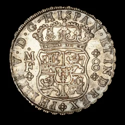 Zeldzame zilveren munt, Spaans Amerika Koning Ferdinand VI, 8 Reale, gekroond schild met Spaanse wapens 1740