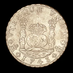 Zeldzame zilveren munt, Spaans Amerika Koning Ferdinand VI, 8 Reale, Zuilen van Hercules op de Straat van Gibraltar met globes, kroon