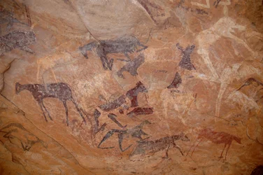 Rotstekeningen, Prehistorie: Schildering van vee, één knie in een schuilplaats versierd in het Uweinat-massief, Soedan (Karkur-Talh of Karkur Talh). Periode van 8000 tot 3000 jaar v.Chr. Fotografie