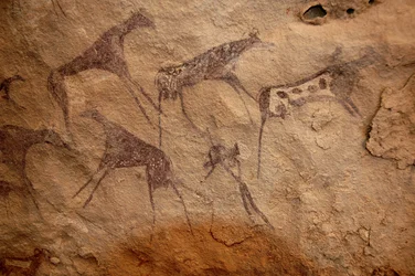 Rotstekeningen, Prehistorie: Rotsschildering van een groep vee en polychrome figuren in een versierd onderkomen, in het Uweinat-massief, Soedan. Periode van 8000 tot 3000 jaar v.Chr. Fotografie