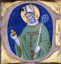 Sint Nicolaas van Myra, gehistorieerde initiaal "C", uit een verlucht koorboek op perkament, c.1400