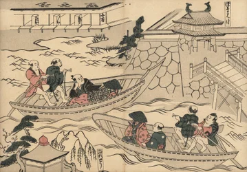 Samurai die de rivier oversteekt (bij Akasaka Mitsuke) in een boot op weg naar de plezierwijken van Yoshiwara. Houtsnede door Masanobu Okumura (1686-1764) uit Fuzoku Emakimono, Beeldrol van de Waterhandel, Tokio, herdruk circa 1880.
