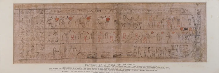 Sectie van papyrus met cursieve hiërogliefen met de tekst van het elfde deel van het Boek van Amtuat dat de geboorte van de zonnegod in de lucht bij dageraad beschrijft, gevonden in de sokkel van een houten Ptah-Sokar-Osiris-figuur