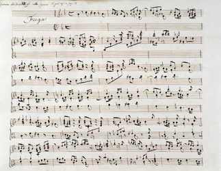 Bladmuziekpagina voor Händels Fuga uit een manuscript met twee werken, door Domenico Scarlatti en Friedrich Handel