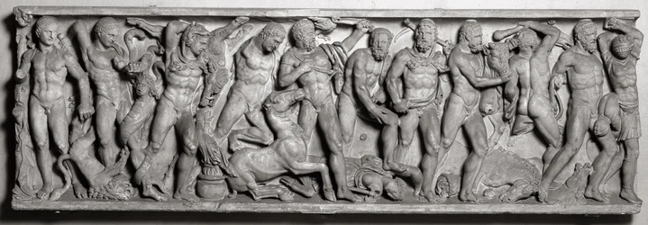 Zijde van een sarcofaag die de werken van Hercules afbeeldt, Romeins, 2e eeuw