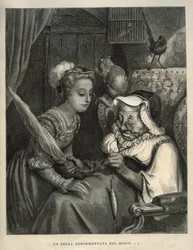 Doornroosje: de prinses ontdekt een oude vrouw die wol spint. Gravure door Gustave Dore (1832-1883) uit Les contes door Charles Perrault (1628-1703)
