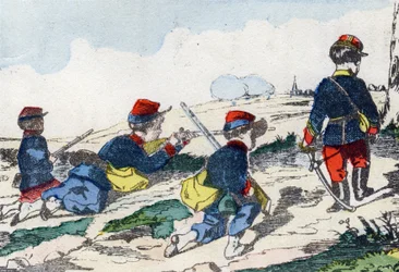 Sluipschutters. Gravure in "Alphabet militaire enfantin". Imagery van Pont-a-Mousson, circa 1890.