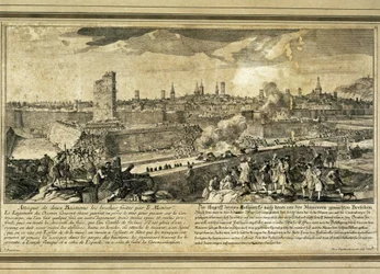 Spanje: Oorlog van de Spaanse Successie (1714). Beleg van Barcelona (gravure)