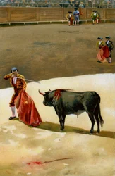 Sport. Stierenvechten. De matador stoot het zwaard toe: de estocada. Illustratie, Duitsland, ca. 1920.