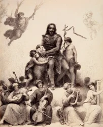 St. Johannes de Doper zit, omringd door muzikale engelen, en streelt een lam op zijn hoofd. Illustratie van Canto XXXII in Paradiso van De Goddelijke Komedie door Dante Alighieri. Werk van Francesco Scaramuzza opgedragen aan de gemeente Florence.