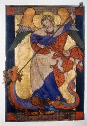 St. Michael Verslaat de Draak - Perkament, ca. 1330, Staatliche Museen Kupferstichkabinett, Berlijn