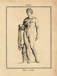 Standbeeld van de Romeinse keizer Marcus Aurelius, naakt met bol en scepter