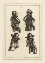 Harnas met lanssteun, open helm 1, harnas voor haakbus 3, en harnas voor haakbus met lange dijstukken 4
