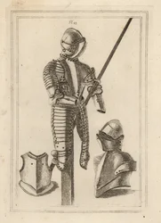 Harnas voor steekspel met grote bescherming en lanssteun uit de Tower of London 1, helm en grote bescherming 2, borststuk van een kuras 3