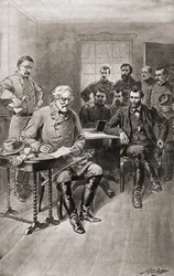 Overgave van Robert E. Lee aan generaal Ulysses S. Grant, Appomattox Court House, Virginia, op 9 april