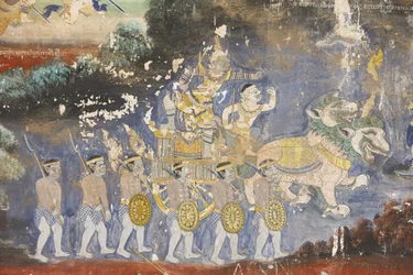 Zilveren Pagode. Deze muurschildering beeldt scènes uit de Reamker uit, de Cambodjaanse of Khmer-versie van het klassieke hindoeïstische gedicht Ramayana, Phnom Penh, Cambodja