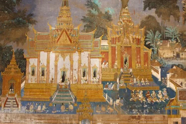 Zilveren Pagode, Deze muurschildering toont scènes uit de Reamker, de Cambodjaanse versie van het klassieke hindoeïstische gedicht Ramayana, Phnom Penh, Cambodja