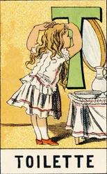 T : Toilette - Gravure uit ABCD van kleine meisjes. Pellerin & Cie, drukker-uitgever, Epinal, circa 1890. Serie A. Afmetingen: 19 x 13,5 cm