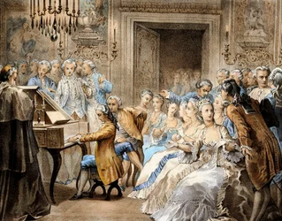 De Oostenrijkse componist Wolfgang Amadeus Mozart (1756-1791) op 14-jarige leeftijd die Gregorio Allegri