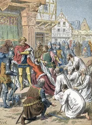 De burgers van Calais, geleid door Eustache de Saint-Pierre, bieden zichzelf aan als gijzelaars aan Edward III