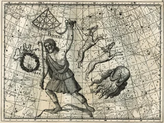 De Boog, de Boreale Kroon, de jachthonden, het haar van Berenice. Gravure uit Camille Flammarion